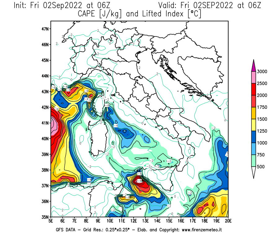 GFS analysi map - CAPE [J/kg] and Lifted Index [°C] in Italy
									on 02/09/2022 06 <!--googleoff: index-->UTC<!--googleon: index-->