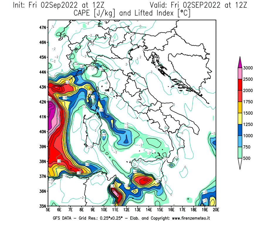 GFS analysi map - CAPE [J/kg] and Lifted Index [°C] in Italy
									on 02/09/2022 12 <!--googleoff: index-->UTC<!--googleon: index-->