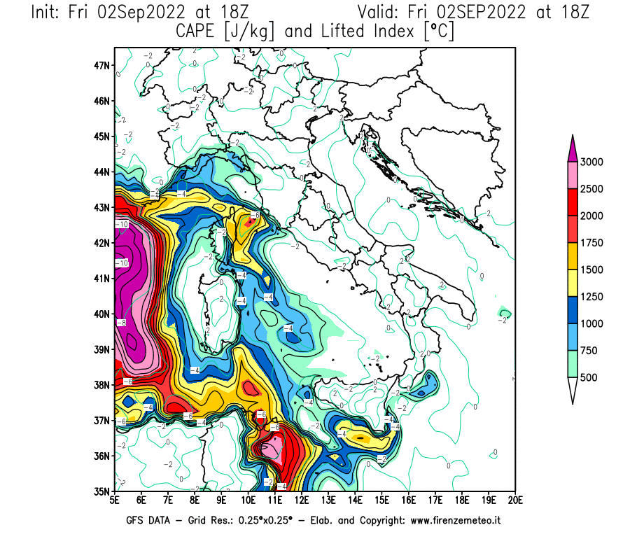 GFS analysi map - CAPE [J/kg] and Lifted Index [°C] in Italy
									on 02/09/2022 18 <!--googleoff: index-->UTC<!--googleon: index-->