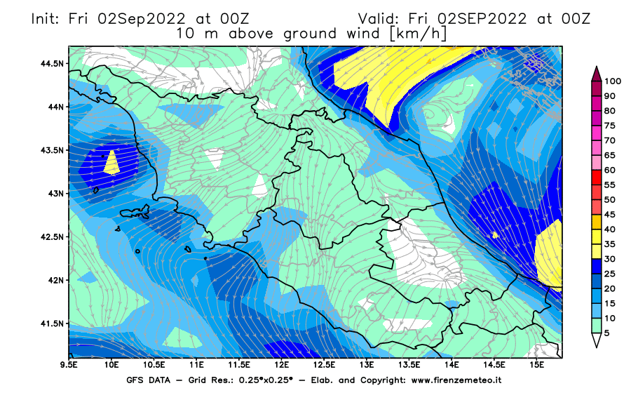 GFS analysi map - Wind Speed at 10 m above ground [km/h] in Central Italy
									on 02/09/2022 00 <!--googleoff: index-->UTC<!--googleon: index-->