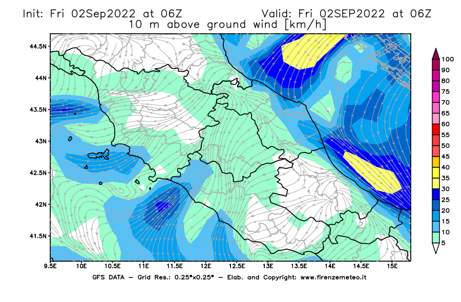 GFS analysi map - Wind Speed at 10 m above ground [km/h] in Central Italy
									on 02/09/2022 06 <!--googleoff: index-->UTC<!--googleon: index-->