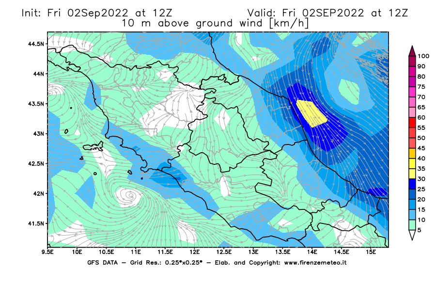GFS analysi map - Wind Speed at 10 m above ground [km/h] in Central Italy
									on 02/09/2022 12 <!--googleoff: index-->UTC<!--googleon: index-->
