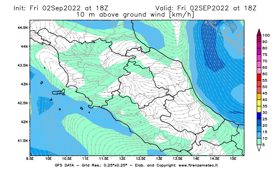 GFS analysi map - Wind Speed at 10 m above ground [km/h] in Central Italy
									on 02/09/2022 18 <!--googleoff: index-->UTC<!--googleon: index-->