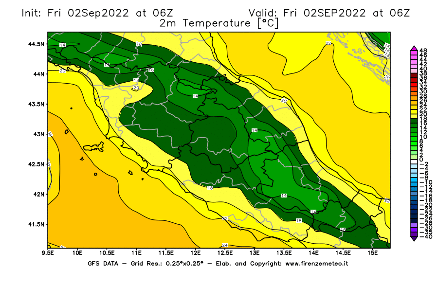 GFS analysi map - Temperature at 2 m above ground [°C] in Central Italy
									on 02/09/2022 06 <!--googleoff: index-->UTC<!--googleon: index-->