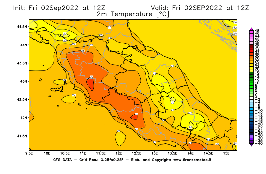 GFS analysi map - Temperature at 2 m above ground [°C] in Central Italy
									on 02/09/2022 12 <!--googleoff: index-->UTC<!--googleon: index-->