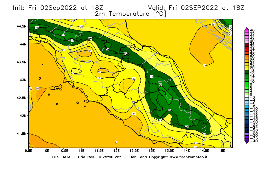 GFS analysi map - Temperature at 2 m above ground [°C] in Central Italy
									on 02/09/2022 18 <!--googleoff: index-->UTC<!--googleon: index-->
