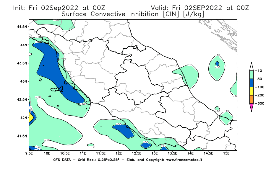 GFS analysi map - CIN [J/kg] in Central Italy
									on 02/09/2022 00 <!--googleoff: index-->UTC<!--googleon: index-->