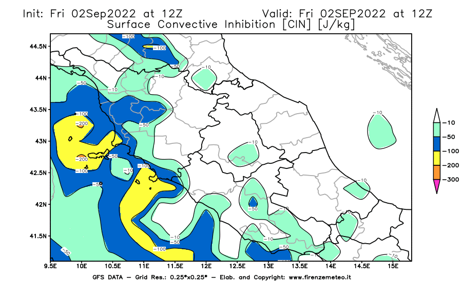 GFS analysi map - CIN [J/kg] in Central Italy
									on 02/09/2022 12 <!--googleoff: index-->UTC<!--googleon: index-->