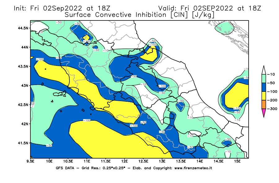 GFS analysi map - CIN [J/kg] in Central Italy
									on 02/09/2022 18 <!--googleoff: index-->UTC<!--googleon: index-->