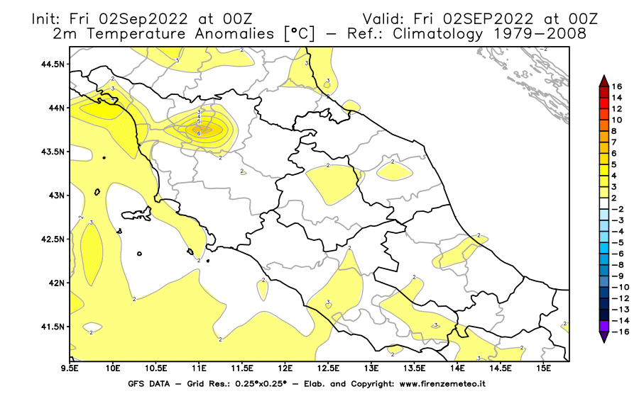 GFS analysi map - Temperature Anomalies [°C] at 2 m in Central Italy
									on 02/09/2022 00 <!--googleoff: index-->UTC<!--googleon: index-->