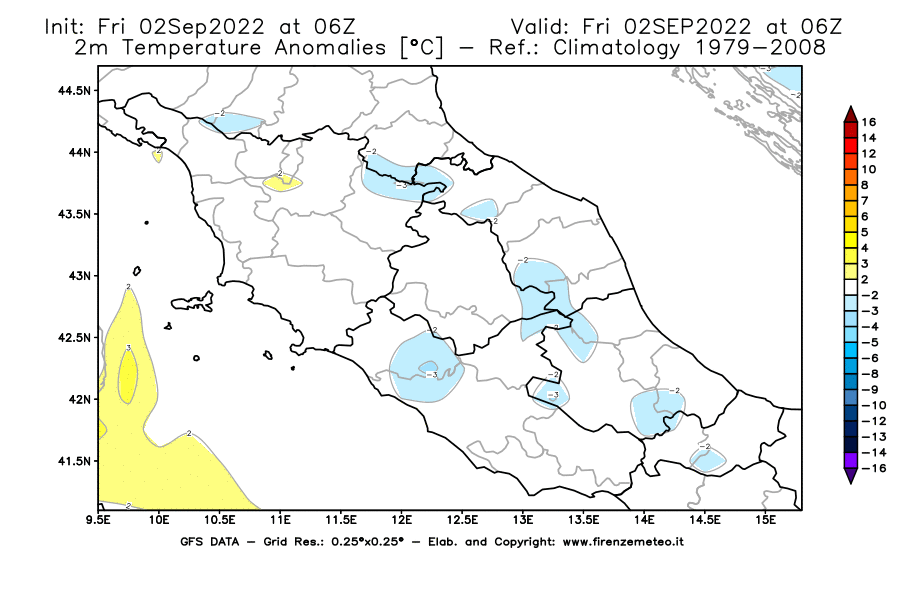 GFS analysi map - Temperature Anomalies [°C] at 2 m in Central Italy
									on 02/09/2022 06 <!--googleoff: index-->UTC<!--googleon: index-->