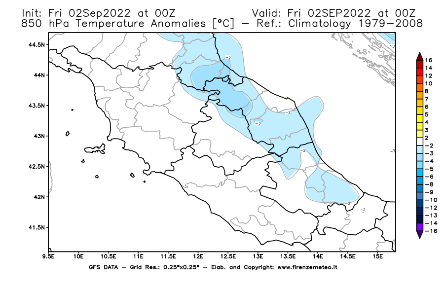 GFS analysi map - Temperature Anomalies [°C] at 850 hPa in Central Italy
									on 02/09/2022 00 <!--googleoff: index-->UTC<!--googleon: index-->