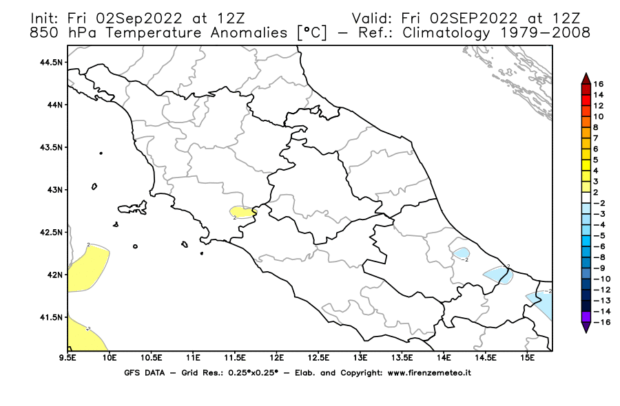 GFS analysi map - Temperature Anomalies [°C] at 850 hPa in Central Italy
									on 02/09/2022 12 <!--googleoff: index-->UTC<!--googleon: index-->