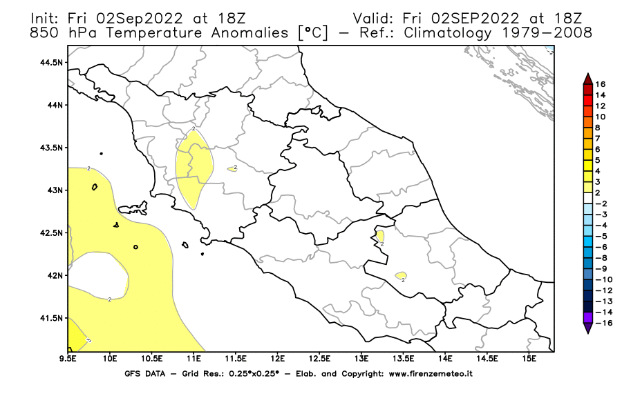 GFS analysi map - Temperature Anomalies [°C] at 850 hPa in Central Italy
									on 02/09/2022 18 <!--googleoff: index-->UTC<!--googleon: index-->