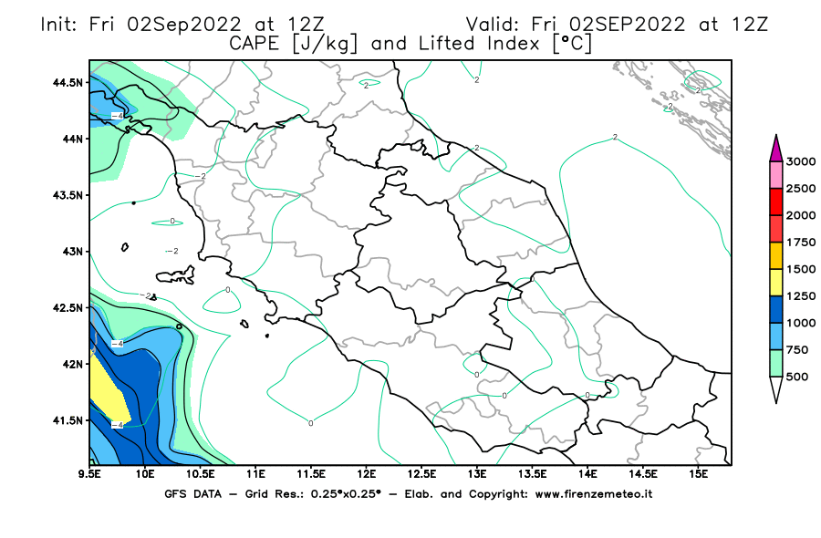 GFS analysi map - CAPE [J/kg] and Lifted Index [°C] in Central Italy
									on 02/09/2022 12 <!--googleoff: index-->UTC<!--googleon: index-->