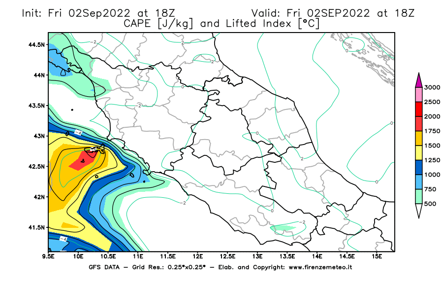 GFS analysi map - CAPE [J/kg] and Lifted Index [°C] in Central Italy
									on 02/09/2022 18 <!--googleoff: index-->UTC<!--googleon: index-->