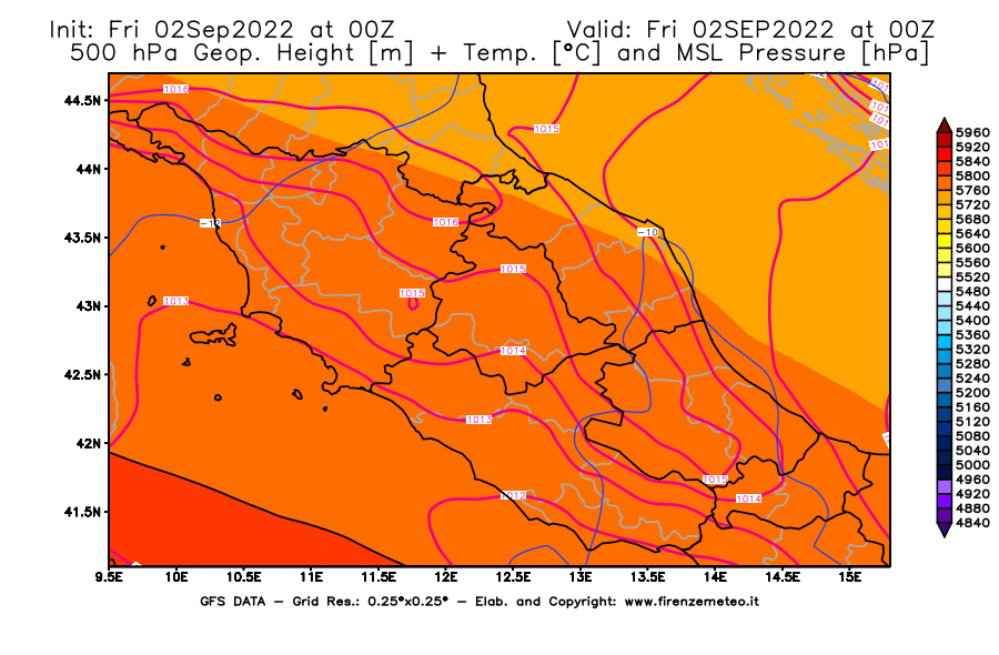 GFS analysi map - Geopotential [m] + Temp. [°C] at 500 hPa + Sea Level Pressure [hPa] in Central Italy
									on 02/09/2022 00 <!--googleoff: index-->UTC<!--googleon: index-->