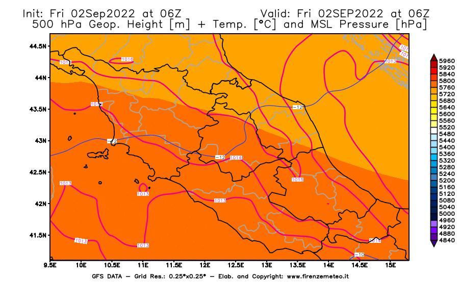 GFS analysi map - Geopotential [m] + Temp. [°C] at 500 hPa + Sea Level Pressure [hPa] in Central Italy
									on 02/09/2022 06 <!--googleoff: index-->UTC<!--googleon: index-->