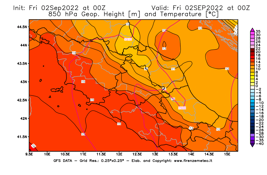 GFS analysi map - Geopotential [m] and Temperature [°C] at 850 hPa in Central Italy
									on 02/09/2022 00 <!--googleoff: index-->UTC<!--googleon: index-->