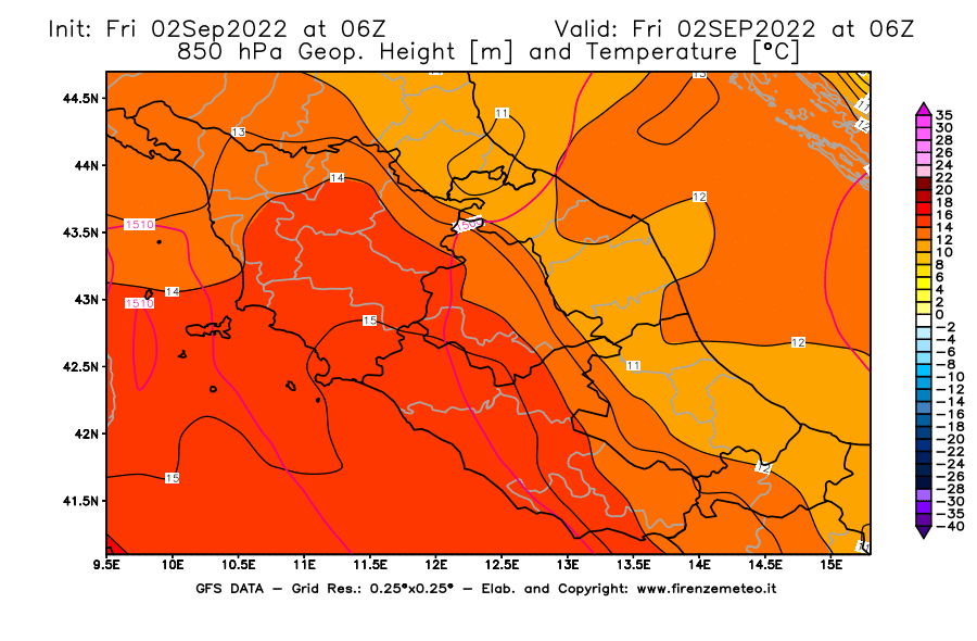 GFS analysi map - Geopotential [m] and Temperature [°C] at 850 hPa in Central Italy
									on 02/09/2022 06 <!--googleoff: index-->UTC<!--googleon: index-->