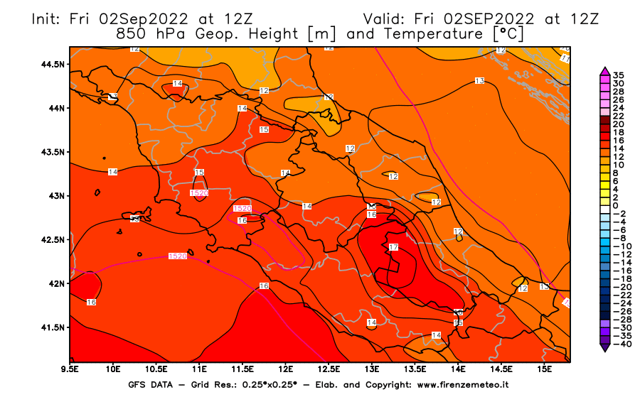 GFS analysi map - Geopotential [m] and Temperature [°C] at 850 hPa in Central Italy
									on 02/09/2022 12 <!--googleoff: index-->UTC<!--googleon: index-->