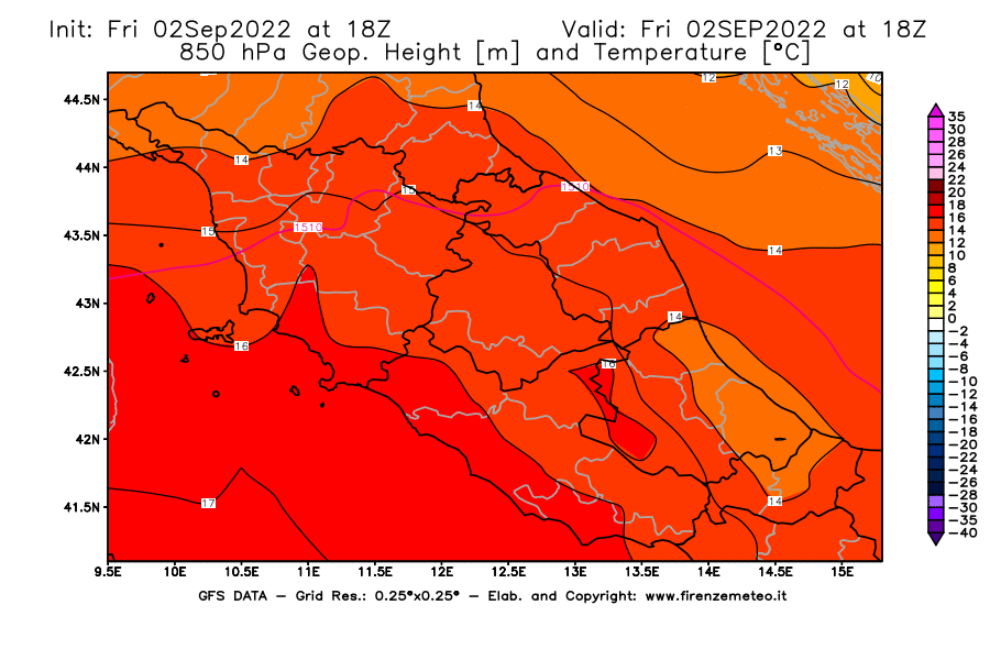 GFS analysi map - Geopotential [m] and Temperature [°C] at 850 hPa in Central Italy
									on 02/09/2022 18 <!--googleoff: index-->UTC<!--googleon: index-->