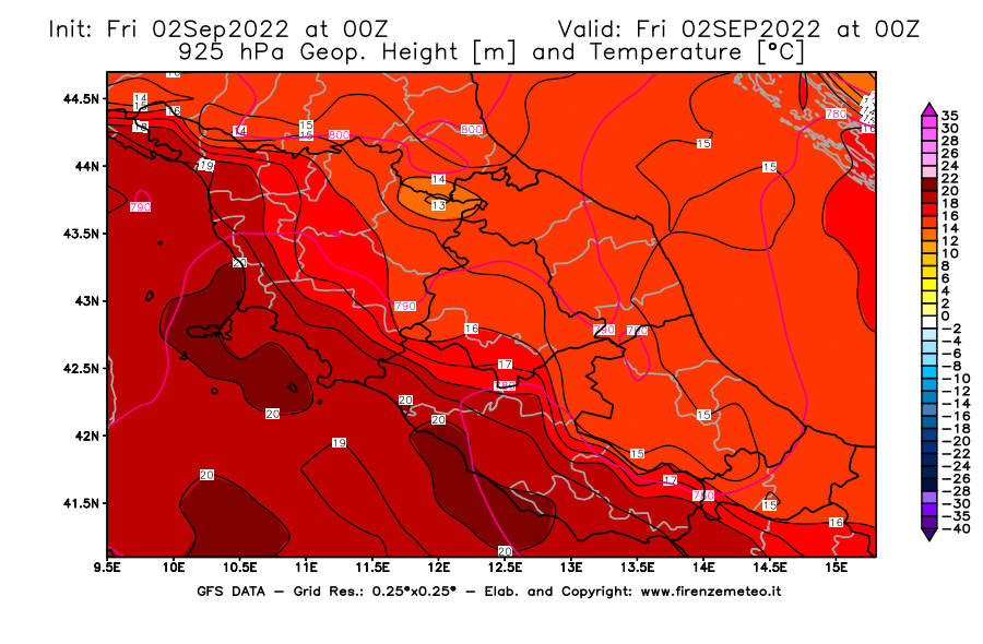 GFS analysi map - Geopotential [m] and Temperature [°C] at 925 hPa in Central Italy
									on 02/09/2022 00 <!--googleoff: index-->UTC<!--googleon: index-->