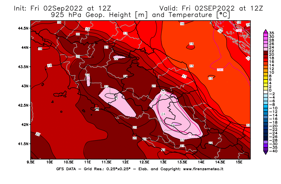 GFS analysi map - Geopotential [m] and Temperature [°C] at 925 hPa in Central Italy
									on 02/09/2022 12 <!--googleoff: index-->UTC<!--googleon: index-->