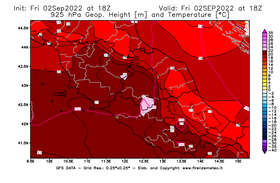 GFS analysi map - Geopotential [m] and Temperature [°C] at 925 hPa in Central Italy
									on 02/09/2022 18 <!--googleoff: index-->UTC<!--googleon: index-->