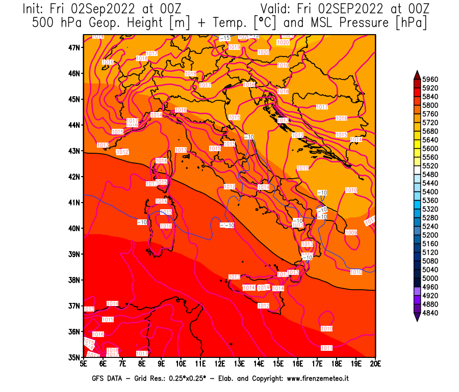 GFS analysi map - Geopotential [m] + Temp. [°C] at 500 hPa + Sea Level Pressure [hPa] in Italy
									on 02/09/2022 00 <!--googleoff: index-->UTC<!--googleon: index-->