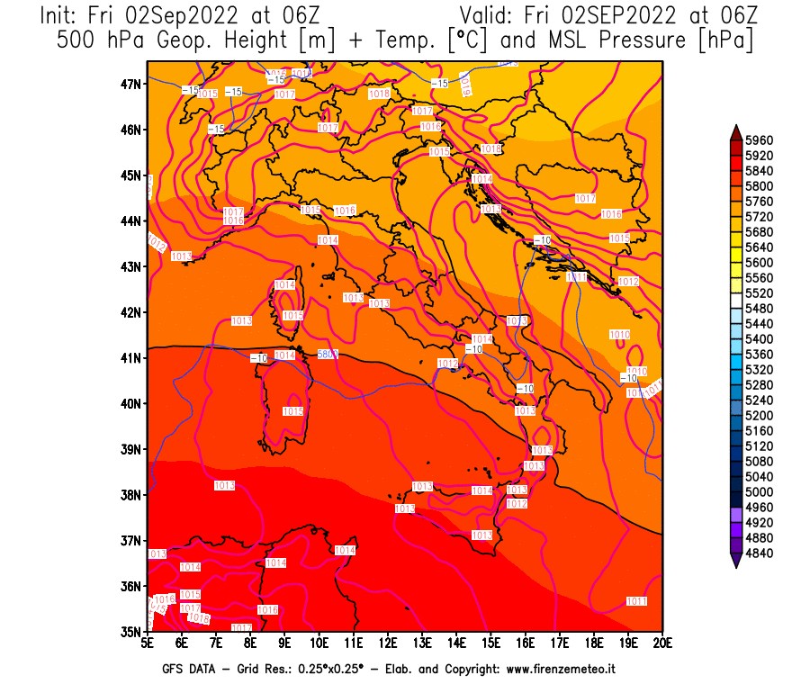 GFS analysi map - Geopotential [m] + Temp. [°C] at 500 hPa + Sea Level Pressure [hPa] in Italy
									on 02/09/2022 06 <!--googleoff: index-->UTC<!--googleon: index-->