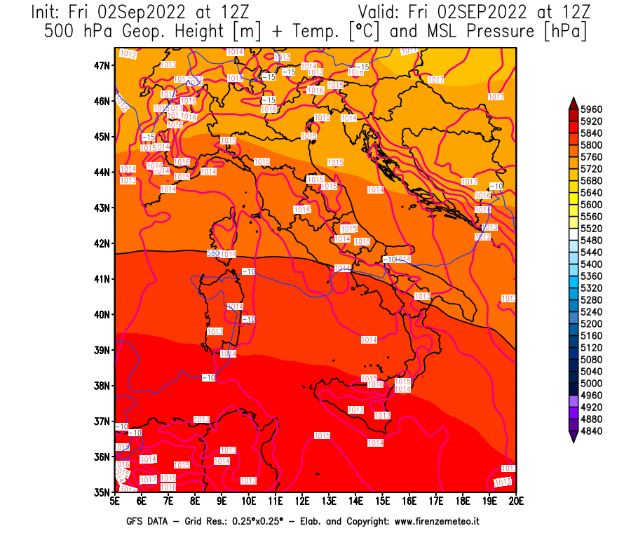 GFS analysi map - Geopotential [m] + Temp. [°C] at 500 hPa + Sea Level Pressure [hPa] in Italy
									on 02/09/2022 12 <!--googleoff: index-->UTC<!--googleon: index-->