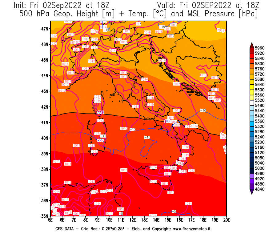 GFS analysi map - Geopotential [m] + Temp. [°C] at 500 hPa + Sea Level Pressure [hPa] in Italy
									on 02/09/2022 18 <!--googleoff: index-->UTC<!--googleon: index-->