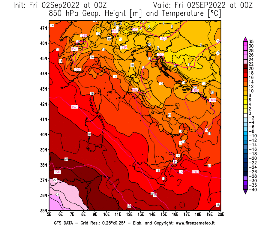 GFS analysi map - Geopotential [m] and Temperature [°C] at 850 hPa in Italy
									on 02/09/2022 00 <!--googleoff: index-->UTC<!--googleon: index-->