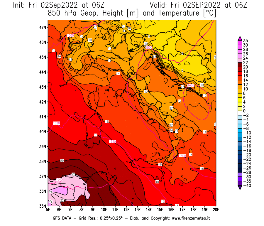 GFS analysi map - Geopotential [m] and Temperature [°C] at 850 hPa in Italy
									on 02/09/2022 06 <!--googleoff: index-->UTC<!--googleon: index-->