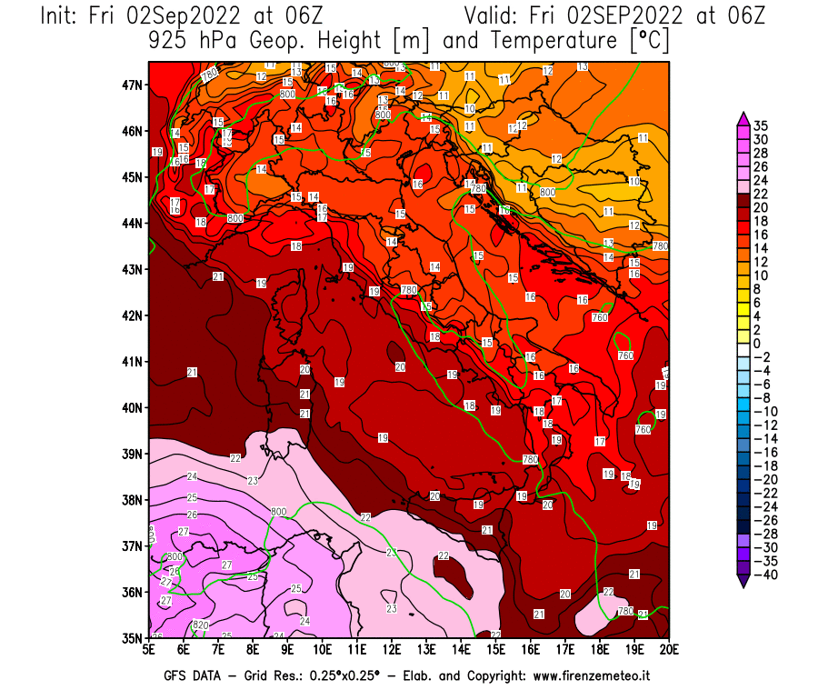 GFS analysi map - Geopotential [m] and Temperature [°C] at 925 hPa in Italy
									on 02/09/2022 06 <!--googleoff: index-->UTC<!--googleon: index-->