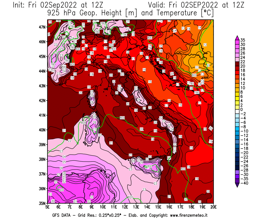 GFS analysi map - Geopotential [m] and Temperature [°C] at 925 hPa in Italy
									on 02/09/2022 12 <!--googleoff: index-->UTC<!--googleon: index-->