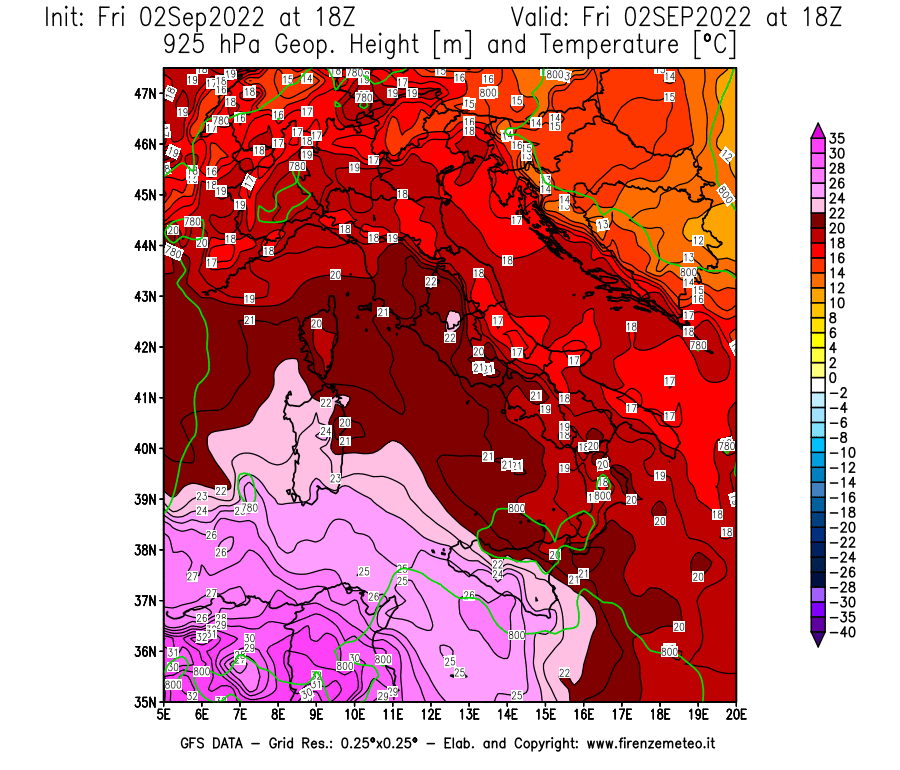 GFS analysi map - Geopotential [m] and Temperature [°C] at 925 hPa in Italy
									on 02/09/2022 18 <!--googleoff: index-->UTC<!--googleon: index-->