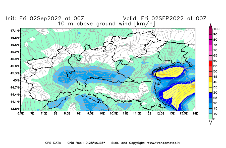 GFS analysi map - Wind Speed at 10 m above ground [km/h] in Northern Italy
									on 02/09/2022 00 <!--googleoff: index-->UTC<!--googleon: index-->