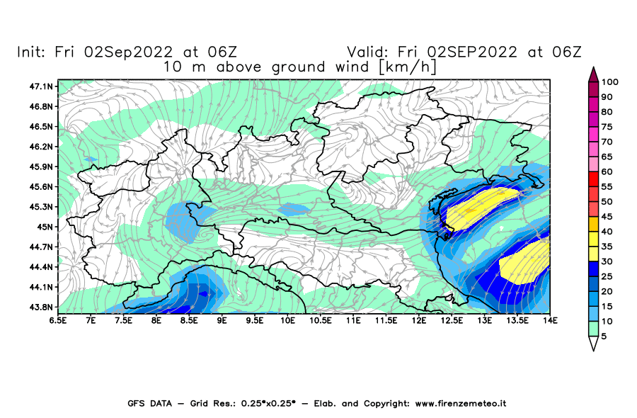 GFS analysi map - Wind Speed at 10 m above ground [km/h] in Northern Italy
									on 02/09/2022 06 <!--googleoff: index-->UTC<!--googleon: index-->