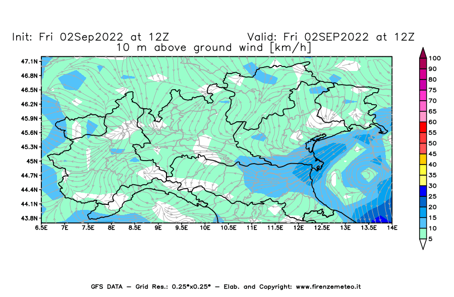 GFS analysi map - Wind Speed at 10 m above ground [km/h] in Northern Italy
									on 02/09/2022 12 <!--googleoff: index-->UTC<!--googleon: index-->