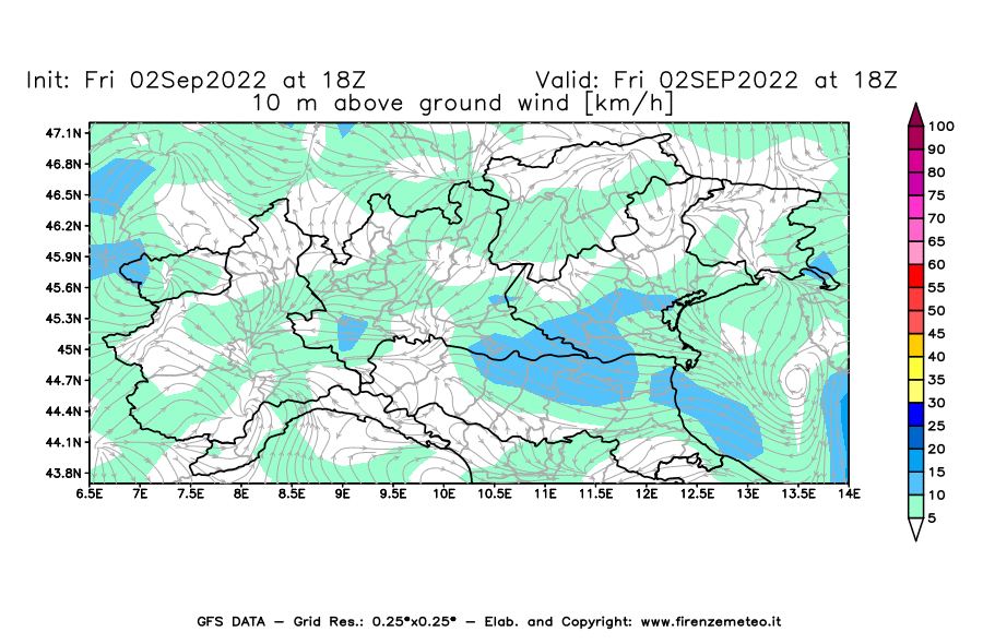 GFS analysi map - Wind Speed at 10 m above ground [km/h] in Northern Italy
									on 02/09/2022 18 <!--googleoff: index-->UTC<!--googleon: index-->