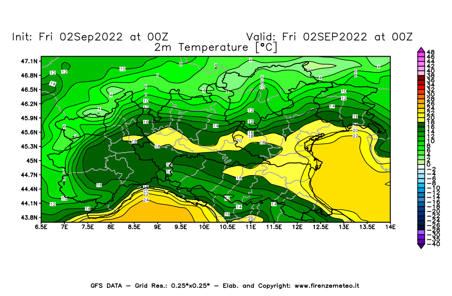 GFS analysi map - Temperature at 2 m above ground [°C] in Northern Italy
									on 02/09/2022 00 <!--googleoff: index-->UTC<!--googleon: index-->
