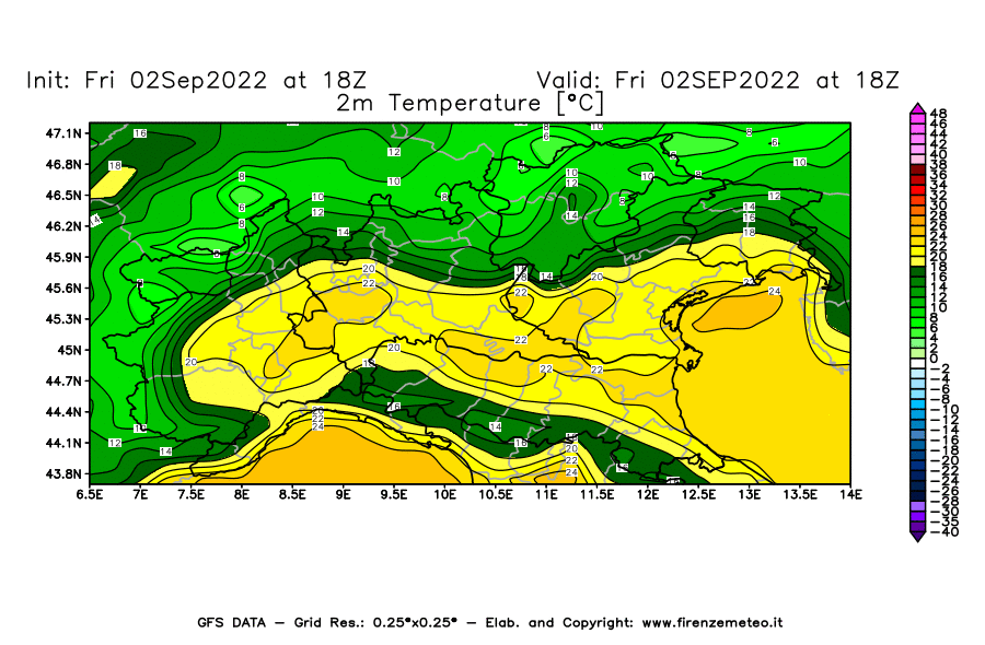 GFS analysi map - Temperature at 2 m above ground [°C] in Northern Italy
									on 02/09/2022 18 <!--googleoff: index-->UTC<!--googleon: index-->