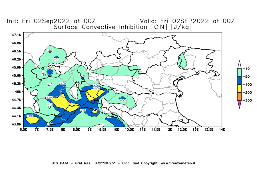 GFS analysi map - CIN [J/kg] in Northern Italy
									on 02/09/2022 00 <!--googleoff: index-->UTC<!--googleon: index-->
