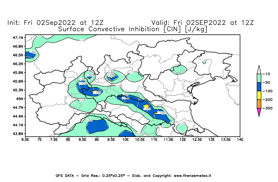 GFS analysi map - CIN [J/kg] in Northern Italy
									on 02/09/2022 12 <!--googleoff: index-->UTC<!--googleon: index-->
