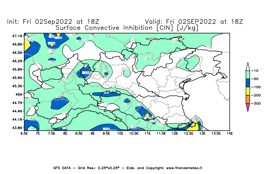 GFS analysi map - CIN [J/kg] in Northern Italy
									on 02/09/2022 18 <!--googleoff: index-->UTC<!--googleon: index-->
