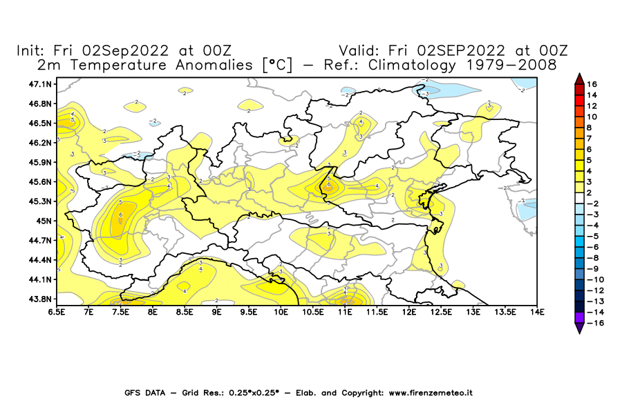 GFS analysi map - Temperature Anomalies [°C] at 2 m in Northern Italy
									on 02/09/2022 00 <!--googleoff: index-->UTC<!--googleon: index-->