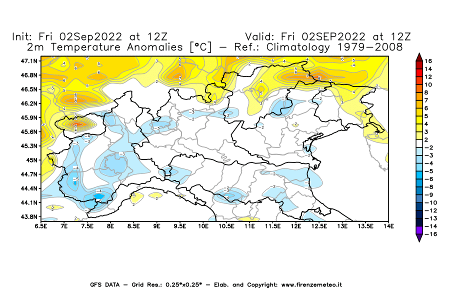 GFS analysi map - Temperature Anomalies [°C] at 2 m in Northern Italy
									on 02/09/2022 12 <!--googleoff: index-->UTC<!--googleon: index-->