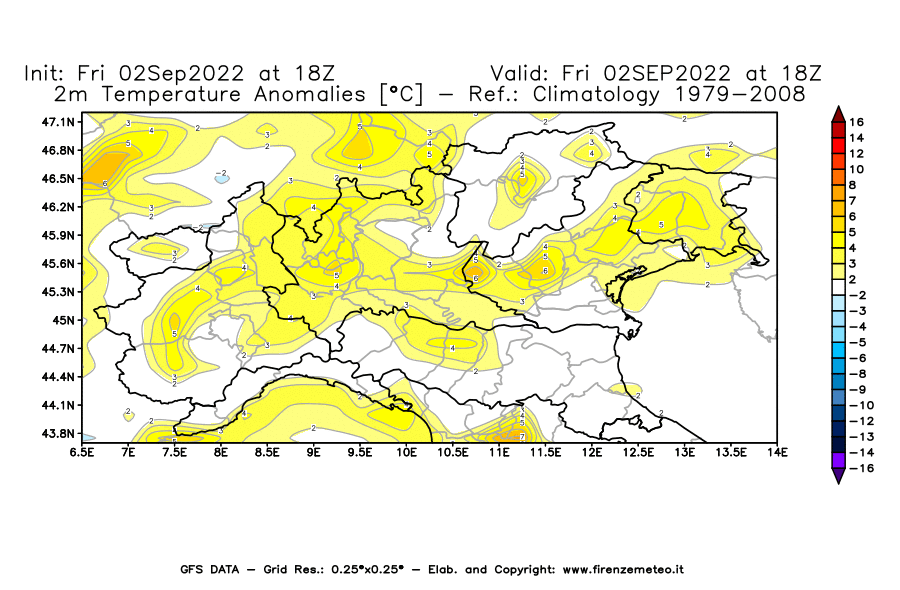 GFS analysi map - Temperature Anomalies [°C] at 2 m in Northern Italy
									on 02/09/2022 18 <!--googleoff: index-->UTC<!--googleon: index-->